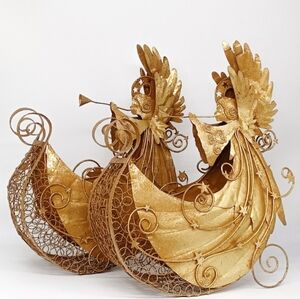 Set Of Two 13" Tall Vintage Pier1 Golden Glitter Angel Baskets Circa '97